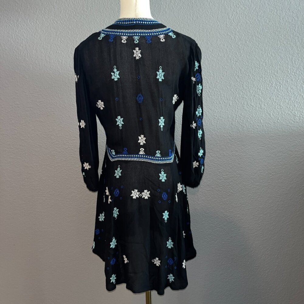 FP FREE PEOPLE STAR GAZER BLACK & BLUE LONG SLEEVE EMBROIDERED DRESS - EUC -  XS - Picture 7 of 14